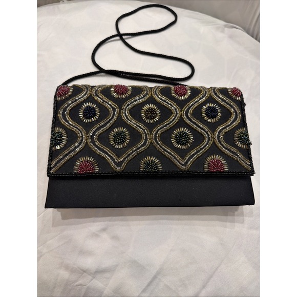 Handbags - Vintage Carla Marchi Beaded‎ Evening Clutch Black Satin Shoulder Bag